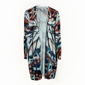 Chicos Long Open Cardigan Sweater Size 3 Duster XL Butterfly Colorful Artsy